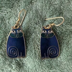 Vintage Laurel Burch Olivia Blue Cat Earrings Gold Plated